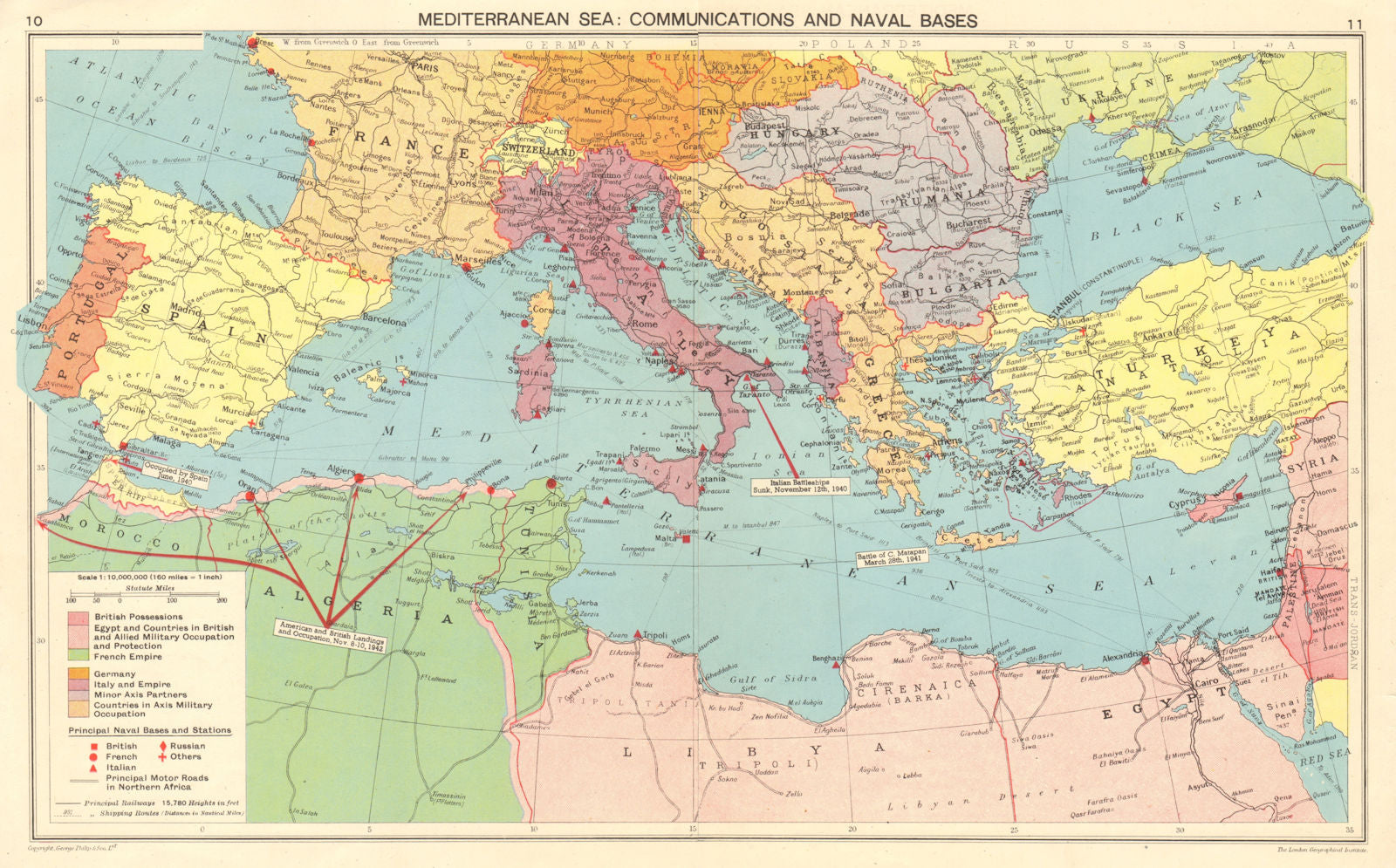 WW2 MEDITERRANEAN Naval Bases. Axis occupied Europe Allied North Africa 1943 map